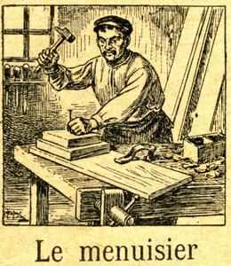 Snekker planter en spiss (spiker) med en hammer i en sammenstilling av brett på benken hans. Gravering av et pensum (lesebok) rundt 1920. av French School