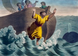 Jonah kastet i havet, illustrasjon fra en katekisme LHistoire Sainte, utgitt av Charles Delagrave, Paris, sent på 1800-tallet av French School
