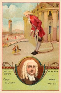 Jonathan Swift, irsk forfatter, og en scene fra romanen hans Gulliver