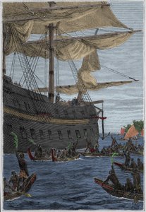 Reisen til Samuel Wallis (1728-1795) til Polynesia: urbefolkning som holder banangrener i hånden som en velkomsthilsen - illustrasjon hentet fra "The Great Mariners of the 18th century"" av French School
