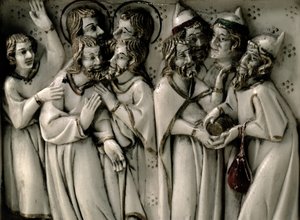 Judas mottar tretti sølvstykker, detalj av elfenbensdiptyk, fransk av French School