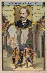 Jules Massenet, fransk komponist, og en scene fra operaen hans Le Cid (chromolitho) av French School