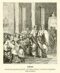 Julius Caesar i det romerske senatet (gravering) av French School