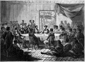 Kabar (meeting) of French officers and Malagasy chiefs representing Queen Ranavalo Manjaka I (Ranavalona). Madagascar av French School