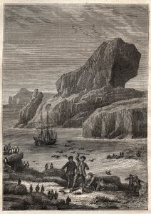 Kerguelen Islands. Illustration for The Great Navigators of the Eighteenth Century by Jules Verne - James Cook aux Iles de Kerguelen en 1776 (archipelago of Kerguelen or Iles de la Desolation) - in “The Voyageurs of the 18th and 19th Century - illustration av French School