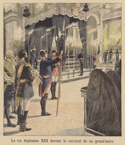 Kong Alfonso XIII av Spania foran kisten til bestemoren sin, dronning Isabella II (fargelitografi) av French School