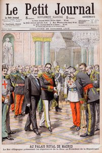 King Alfonso XIII of Spain presenting his court to President Emile Loubet of France at the Royal Palace in Madrid. At the Royal Palace of Madrid. The King of Spain Alfonso XIII presenting the dignitaries of the Court to the President of the Republic Loubet av French School