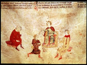 Kong Arthur på sin trone omgitt av sine rådgivere, fra Roman de Meliadus av French School