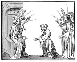 Kong Charlemagne (742-814) mottar troskapseden og hyllest fra en av sine feudatorier eller høybaroner, fra en miniatyr i cameo av Chronicles of St. Denis av French School