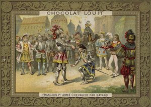 Kong Charles I av Frankrike slått til ridder av Chevalier de Bayard etter slaget ved Marignano, 1515 av French School