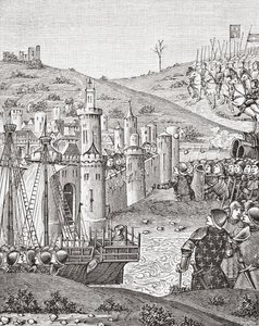 Kong Charles VII, etter å ha sluttet i Rouen, legger ut for å beleire byen Harfleur, etter en miniatyr fra 1400-tallets manuskript Chroniques de Monstrelet, fra Science and Literature in The Middle Ages av puben Paul Lacroix. London 1878 av French School