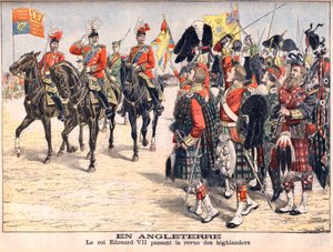 Kong Edward VII gjennomgår høylandstropper. I England. Kong Edvard VII (1841-1910) bestod anmeldelsen av høylendinger. Illustrasjon for Le petit Journal, 8. oktober 1905. av French School