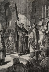 Kong Louis VII (1120-1180) tar oriflamen ved basilikaen Saint Denis (Saint Denis) i nærvær av dronning Alienor av Aquitaine og mottar humla og pannetiere av pelerin fra hendene til pave Eugene III (? -1153) før hans avgang av French School