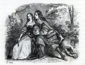 Kong Louis XIV (1638-1715) og hans elskerinne Louise de La Valliere (1644-1710) - (gravering) 1846 av French School