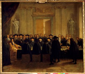 Kong Ludvig XIV (1638-1715) holdt seglene i nærvær av statsrådene og forespørselsmesteren mens han selv hadde kontoret som kansler i Frankrike mellom februar og april 1672 Anonymt maleri. 1600-tallets søn. 1,10 x 1,28 m av French School
