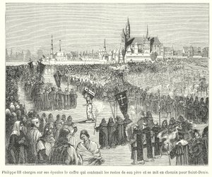 Kong Filip III av Frankrike bærer beinene til sin far, Ludvig IX, til sin begravelse i Basilica of St Denis, Paris av French School