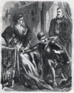 King Philip II (1527-1598) surprises his son, Prince Don Carlos (1545-1568), trying to violate his mother-in-law (stepmother), Queen Elisabeth (1545-1568) (Elisabeth of France or Isabelle of Valois), January 17 av French School