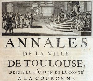 Kong Philippe the Hardi i Toulouse i 1272 i "Annales de la ville de Toulouse" av Germain de Lafaille, Toulouse av French School
