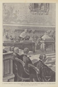 Dreyfus-affæren ved Paris-kassasjonen leser Ballot-Beaupre sin rapport (litho) av French School