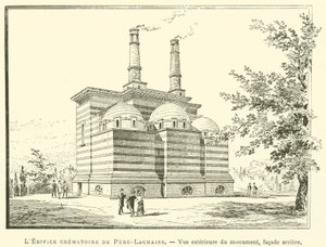 Pere-Lachaise Crematory Building, utvendig utsikt over monumentet, bakre fasade (gravering) av French School