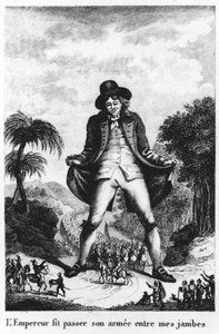 Keiseren førte hæren sin mellom bena mine, hentet fra en fransk oversettelse av Gullivers Travels av French School