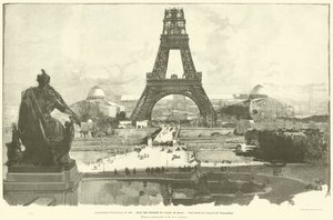 Verdensutstillingen i 1889, tilstanden til Champ de Mars-verkene, utsikt tatt fra Trocadero-palasset, ifølge fotografiet av MH-C Godefroy (gravering) av French School