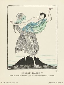 Sølvfuglen. Aftenkjole, bestående av et skjerf som omslutter bysten fra La Gazette du Bon Ton, pub. 1914 (sjablongertrykk) av French School