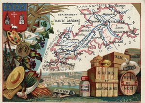 La Haute Garonne (Haute-Garonne, 31), Midi-Pyrénées (Midi Pyreneene), Frankrike. Lokal spesialitet: bly, appelsinblomster, pasta, lær og lærvarer, tobakk, valnøttolje, tjære og trøfler. Serie om de franske avdelingene. Kromolitografi (Chromo) “” t av French School