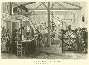 Det elektriske lyset ved hovedkvarteret i Paris, Poste de la Butte Montmartre (gravering) av French School