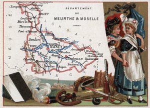 La Meurthe et Moselle (Meurthe-Et-Moselle, 54), Lorraine, Frankrike. Portrett av to revolusjonære kvinner. Serie om de franske avdelingene. Chromolithography (Chromo) "" den geografiske tråden"", ca 1920. Privat samling. av French School