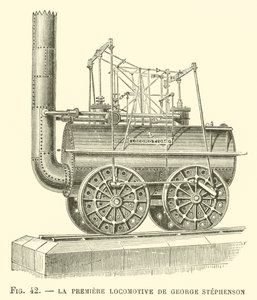 La Premiere Locomotive av George Stephenson (gravering) av French School