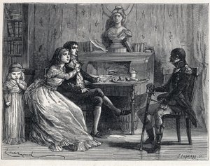 La Terreur during the French Revolution: Camille Desmoulins (1760-1794), imprisoned, received the visit of his wife Lucile (1770-1794) and the marechal Guillaume Brune (1763-1815) av French School