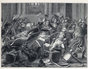 La Terreur during the French Revolution: arrest of Maximilian de Robespierre (1758-1794) and his supporters reunited at the Hotel de Ville de Paris on 9 Thermidor year II (27 July 1794). In the centre, a gendarme fired a pistol at Robespierre (1758-1794).  av French School