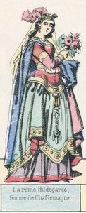 Dronning Hildegard, kone til Karl den Store (farget gravering) av French School