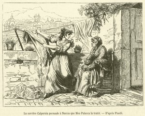 Heksa Calpurnia overtaler Nuccia om at Meo Patacca forråder henne (gravering) av French School