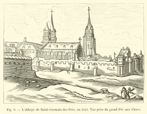 Abbey of Saint-Germain des Pres, i 1545, utsikt tatt fra Grand Pre aux Clercs av French School