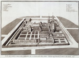 Klosteret Saint Germain før 1640 - i "" History of the abbey of St Germain des Pres"" av Dom Jacques Bouillart, red. Dupuis, Paris av French School