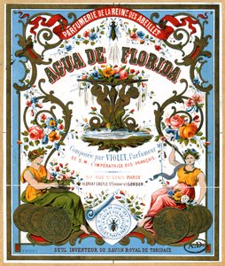 Etikettannonsering Aqua de Florida-parfyme fra parfymebutikken La Reine des Abeilles, Paris, 2. halvdel av 1800-tallet av French School