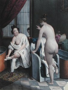 Damer som tar et bad, ca. 1840 (litho-farge) av French School