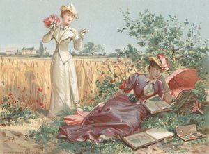 Damer i en kornåker (chromolitho) av French School