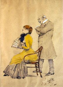 Dame med vifte og herre (akvarell, blyant og gouache på papir) av French School
