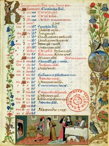 Lat 1173 f.1 januar; figurer som spiser og drikker, av Robinet Testard, fra Hours of Charles of Angouleme av French School