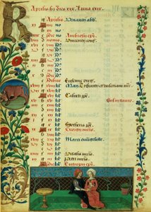 Lat 1173 f.2v april; To elskere som sitter utendørs, av Robinet Testard, fra Hours of Charles of Angouleme av French School