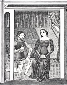 Launcelot og Guinevere, etter en miniatyr fra et manuskript fra 1300-tallet, fra Science and Literature in The Middle Ages av puben Paul Lacroix. London 1878 av French School