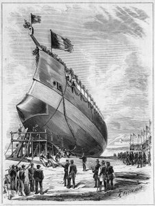 Lansering av panserskipet "" La Galissonniere"", 7. mai 1872 i havnen i Brest, Finistere (29). Gravering i "" Le Monde Illustré"" nr. 789 av 25. mai 1872. av French School
