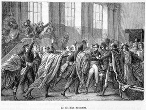18 Brumaire år 8: Napoleons statskupp i Saint-Cloud i Conseil des Cinq-Cents (fem hundre) (rom på 500) - i "La France Populaire" av French School