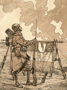 Le Bleuet. Symbol på minne og solidaritet i Frankrike, for veteraner og ofre fra første verdenskrig. Fransk propagandaillustrasjon fra 1. verdenskrig som fremkaller franske seire gjennom tidene. Fra Agenda Buvard du Bon Marche publisert 1917. av French School
