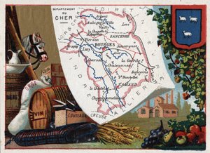 Le Cher (18), Sentrum, Frankrike. Serie om de franske avdelingene. Øl, bygg, lær, vin og kniver. Chromolithography (Chromo) "" den geografiske tråden"", ca 1920. Privat samling. av French School