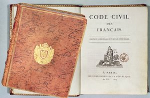 Le Code Civil des Francais, som viser innbinding og tittelside, pub i første utgave. 1804 av French School