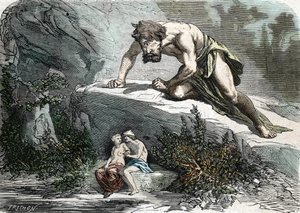 "Le Cyclops Polypheme overraskende Galatee et Acis" (gravering) 1864 av French School